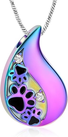 Pet Paw Print Teardrop Urn Necklace for Ashes for Dog/Cat Ashes Keepsake Memo…