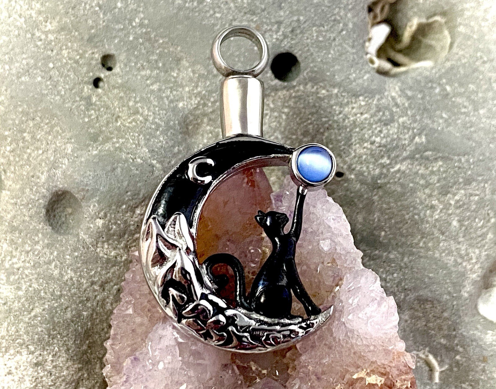Black Cat Moon Stone Cremation Necklace Holds Ashes Urn Pendant Jewelry Gift Lov