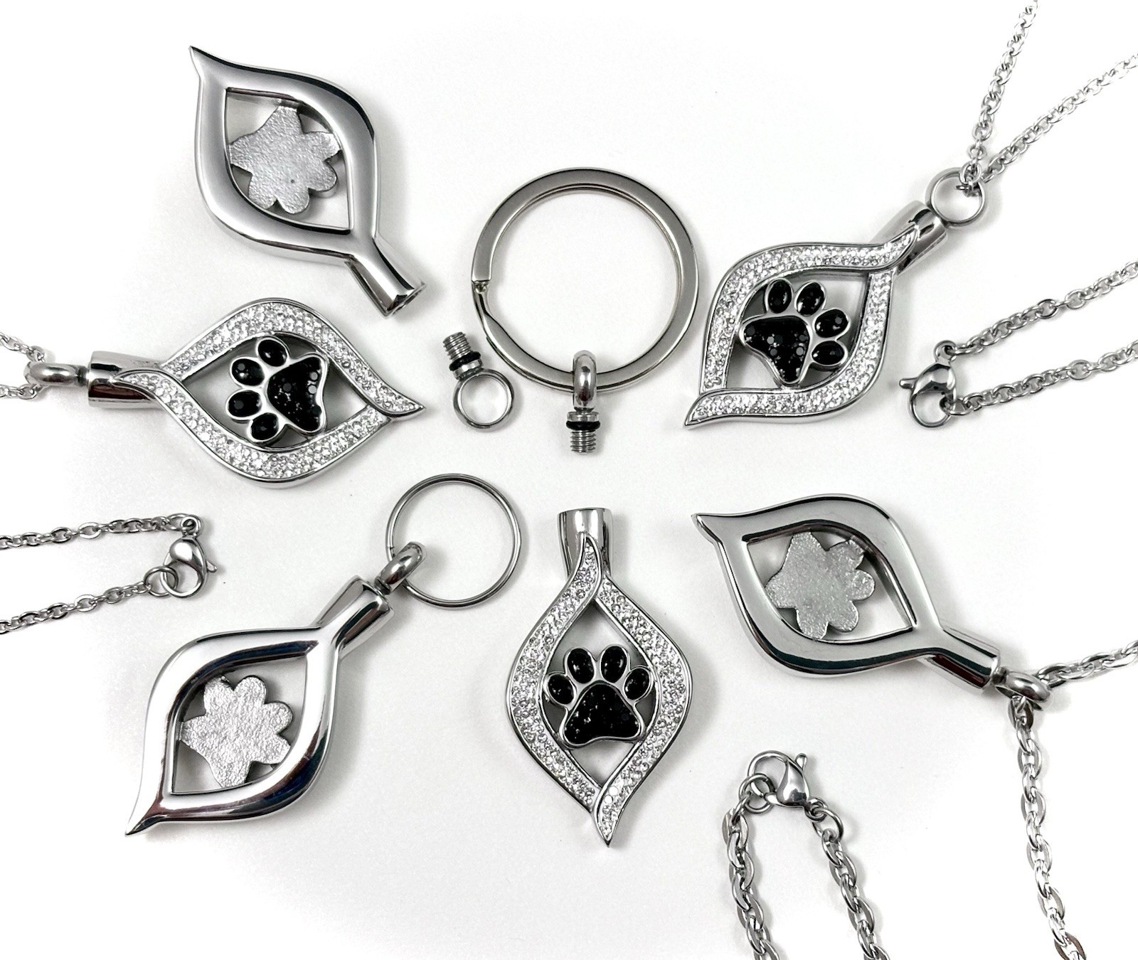 Pet Cremation Pendant Urn Keychain 1″ Key Ring for Ashes Dog Cat Paw Print Cross