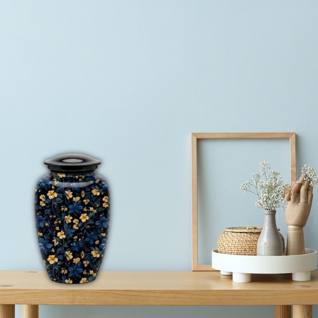 Blue Floral Cremation Urn for Ashes 190 Cu In Adult Memorial Urn w/Bag 10″x6.5″