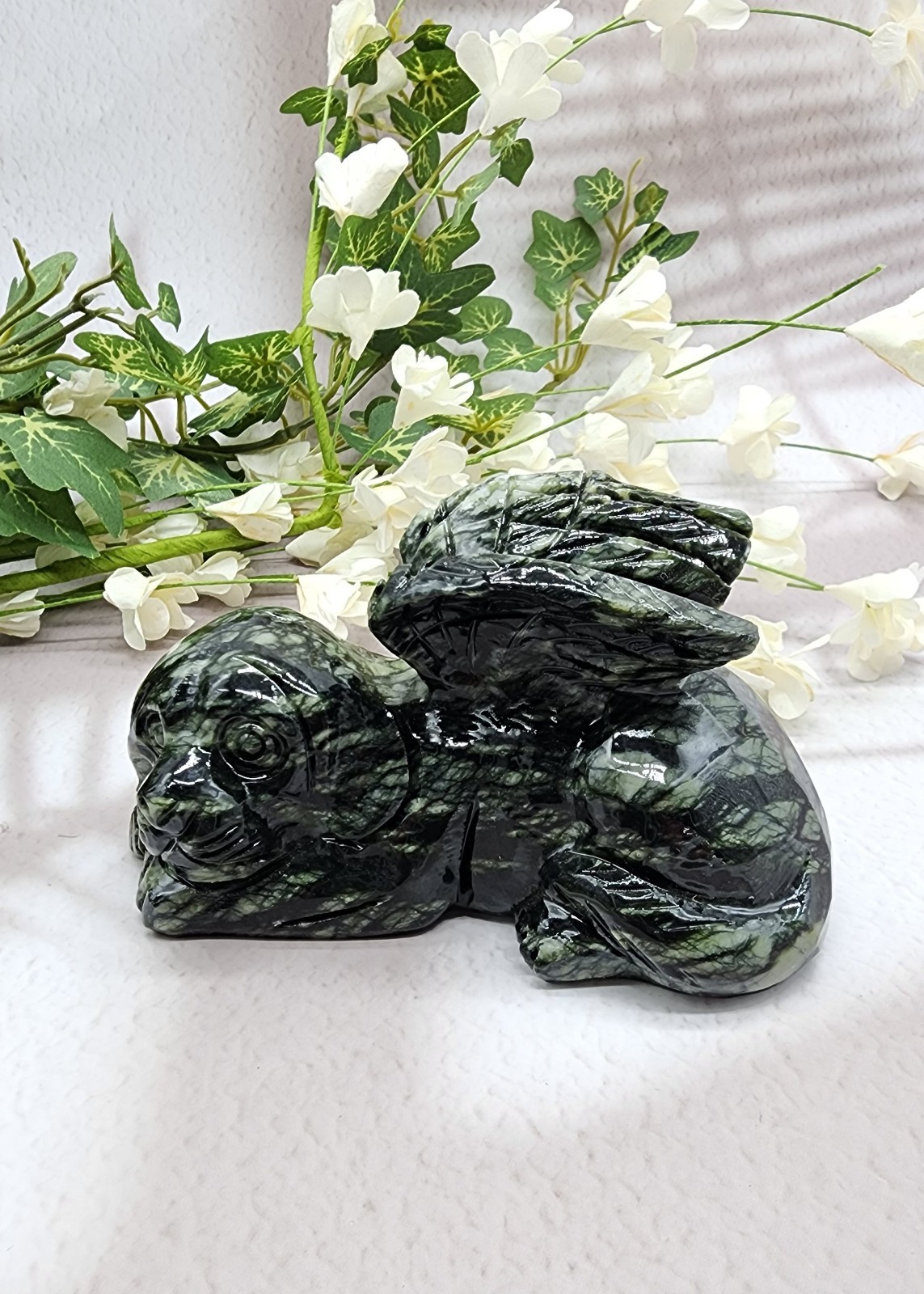Xiuyan Jade Winged Angel Dog Pet Memorial, Pet Loss Gift, Gemstone Carving