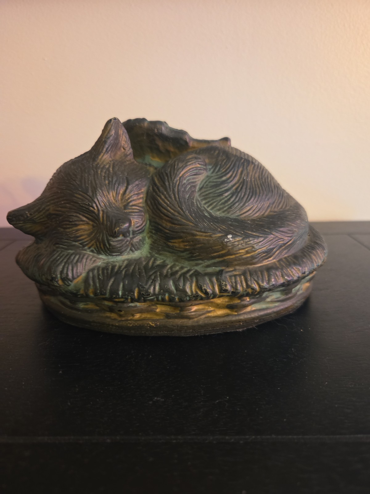 Angel Cat Sleeping in Basket Bed Bronzed Cremation Urn Memorial Figure 6.5″x4″