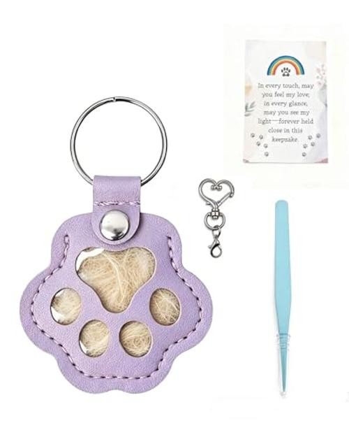 Cat & Dog Hair Keychain, Leather Dog Paw Hair Holder Fur Set of One Purple