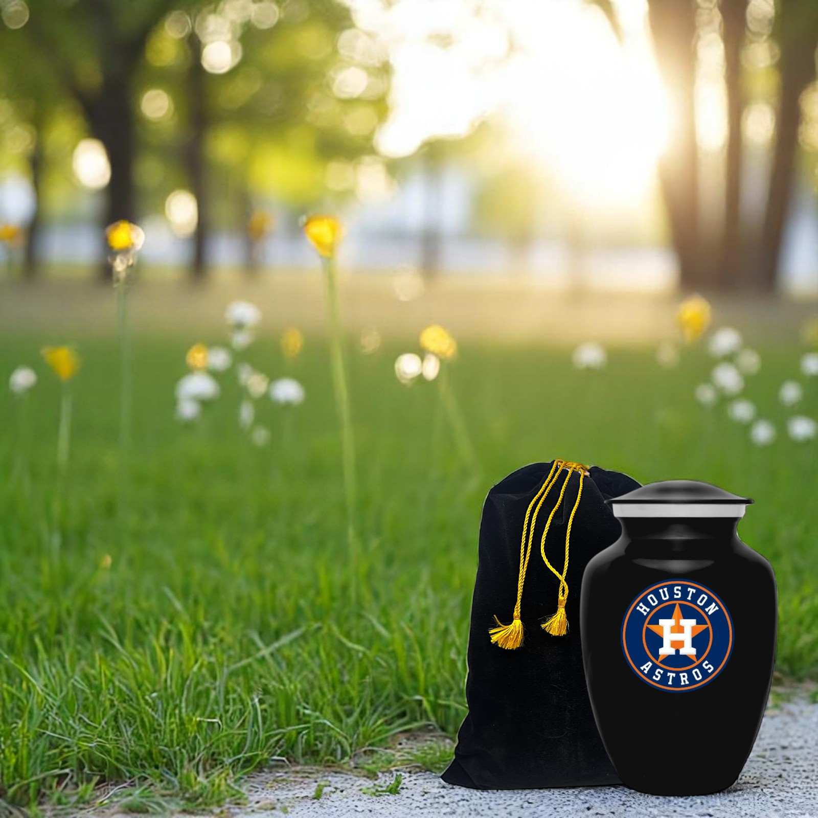 Houston Astros Baseball Style Cremation Urn Adult Ashes Black Metal 8 Inch Urns