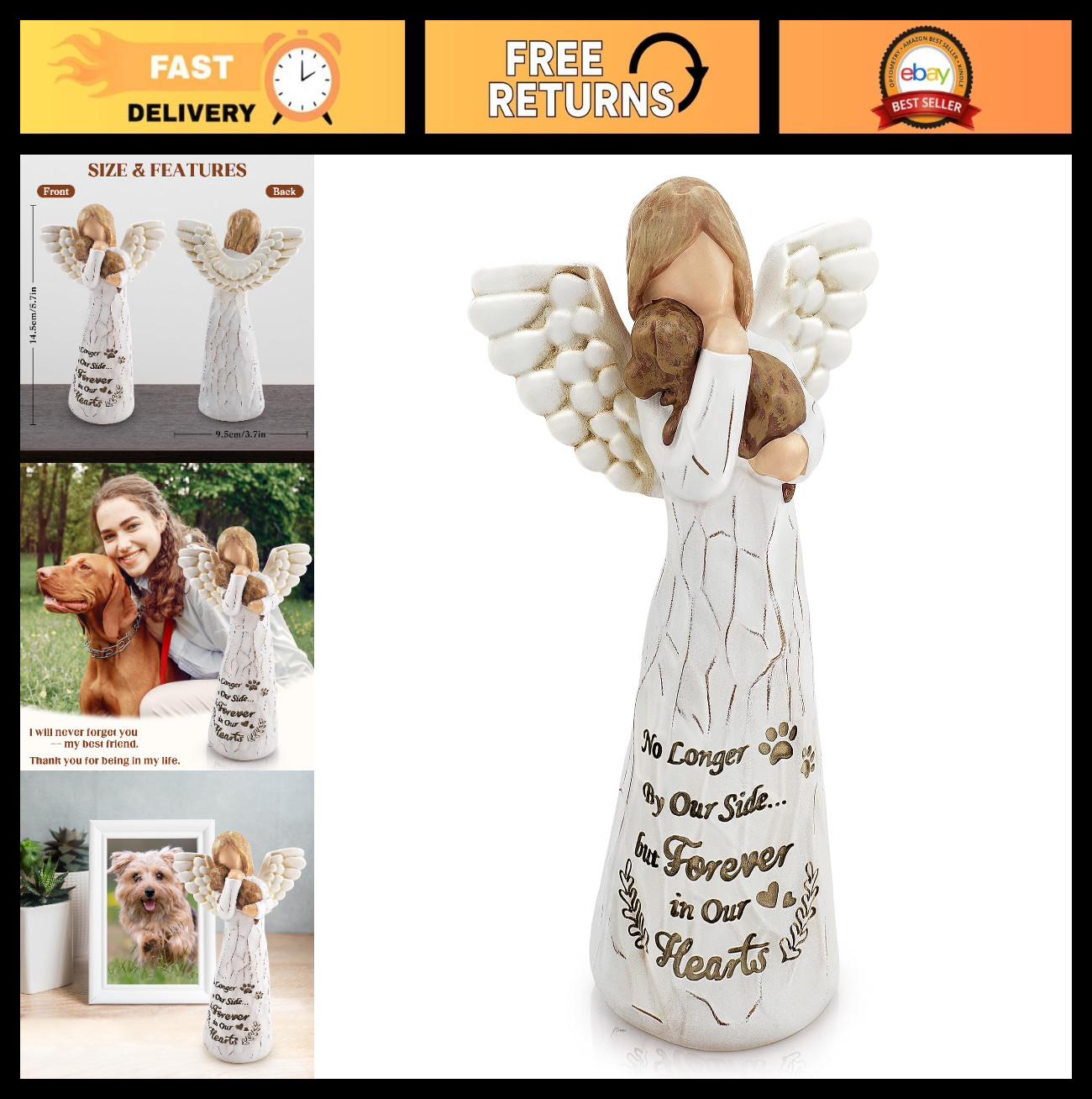 Heartfelt Dog Memorial Gift – Hand-Painted Angel & Dog Statue, Pet Loss Sympathy