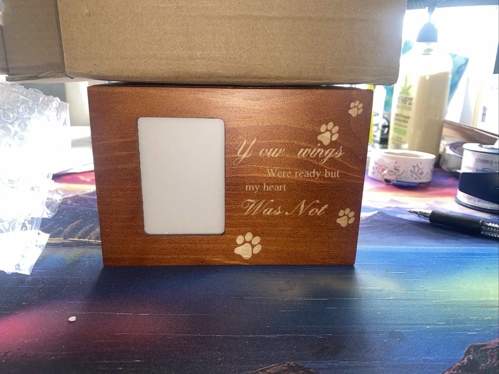Photo Pet Brown Urn for Dogs Cats Ashes Memorial Pine Medium- Lock Sliding Top
