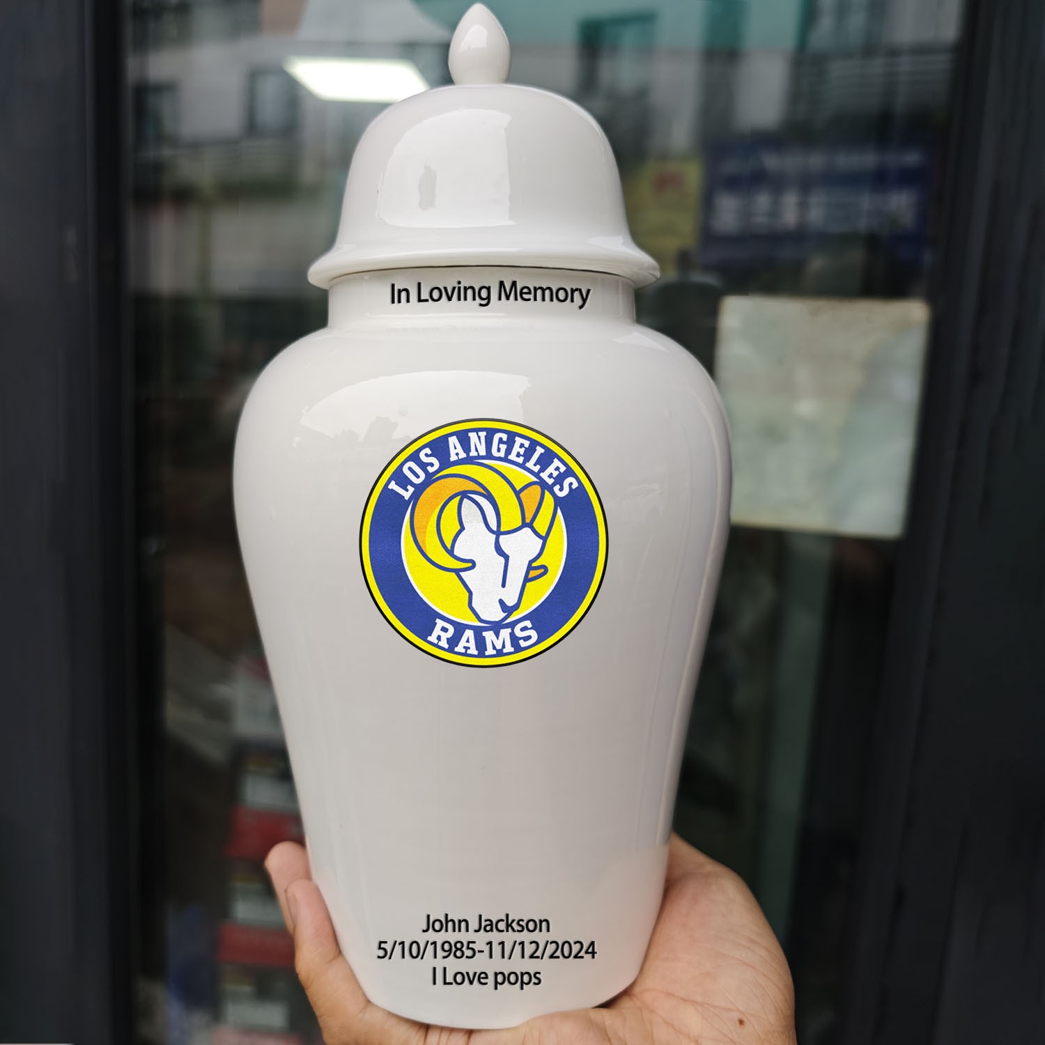 Ceramic Large Urn – Los Angeles Rams Football Theme, Custom Text & Number
