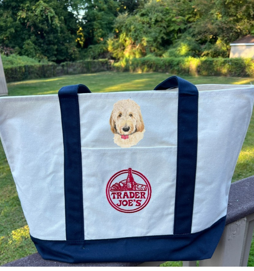 TRADER JOES LARGE CANVAS TOTE BAG HAND PAINTED DOG PET PORTRAIT FROM PHOTO