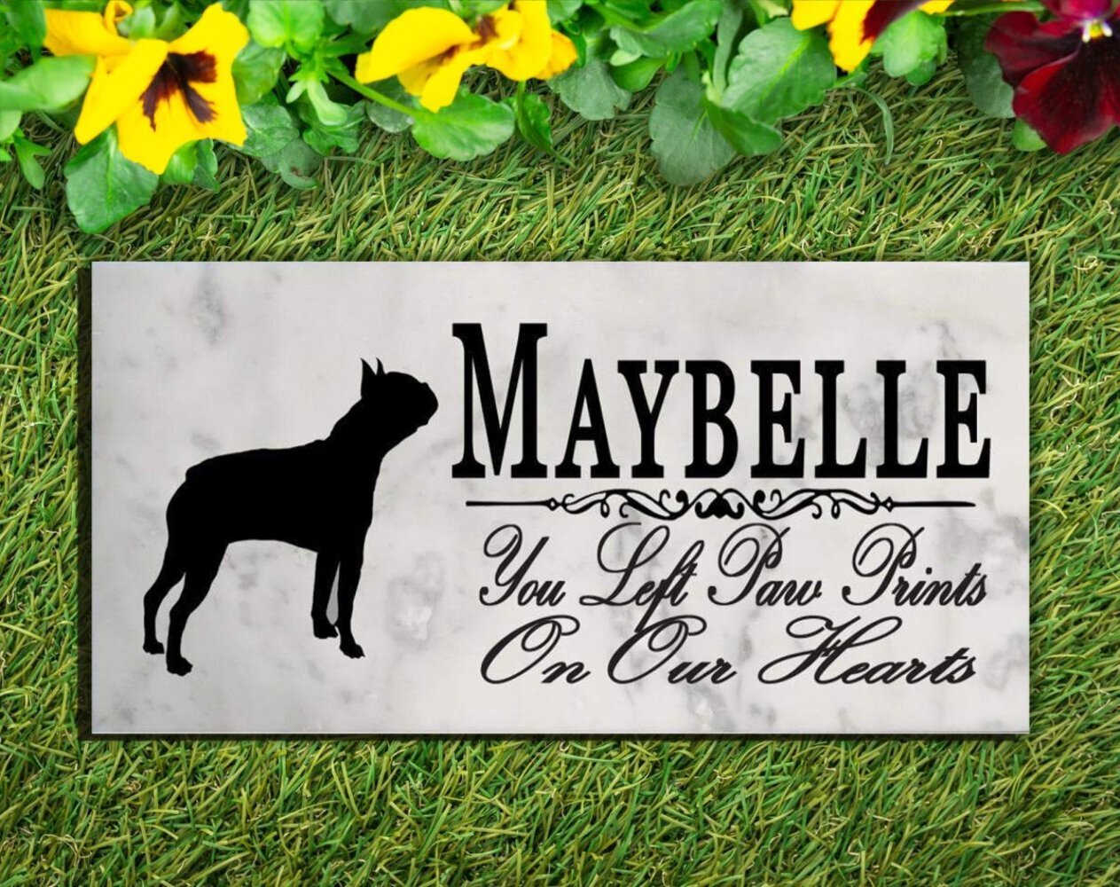 Boston Terrier Memorial Marble Stone Plaque Personalized You Left Paw Prints On