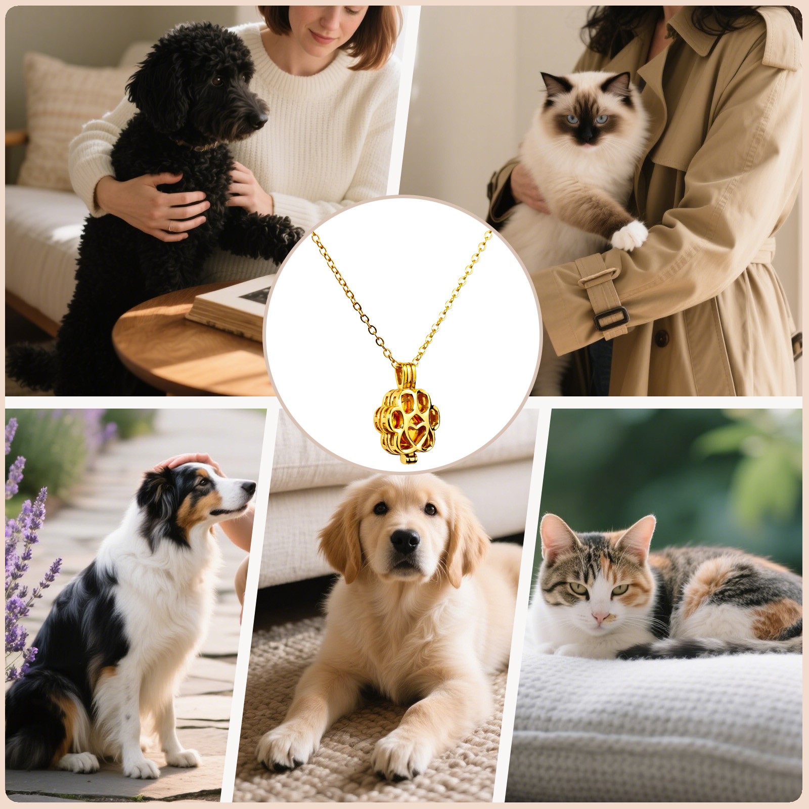 Gold Paw Print Heart Pet Ashes Memorial Necklace with Inner Box Fit For Dog&Cat