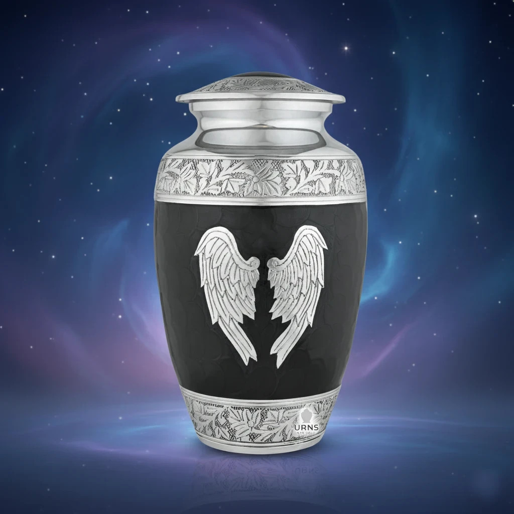 Midnight Wings Angel Urn – Ornate Black and Silver Cremation Urn for Adult Human