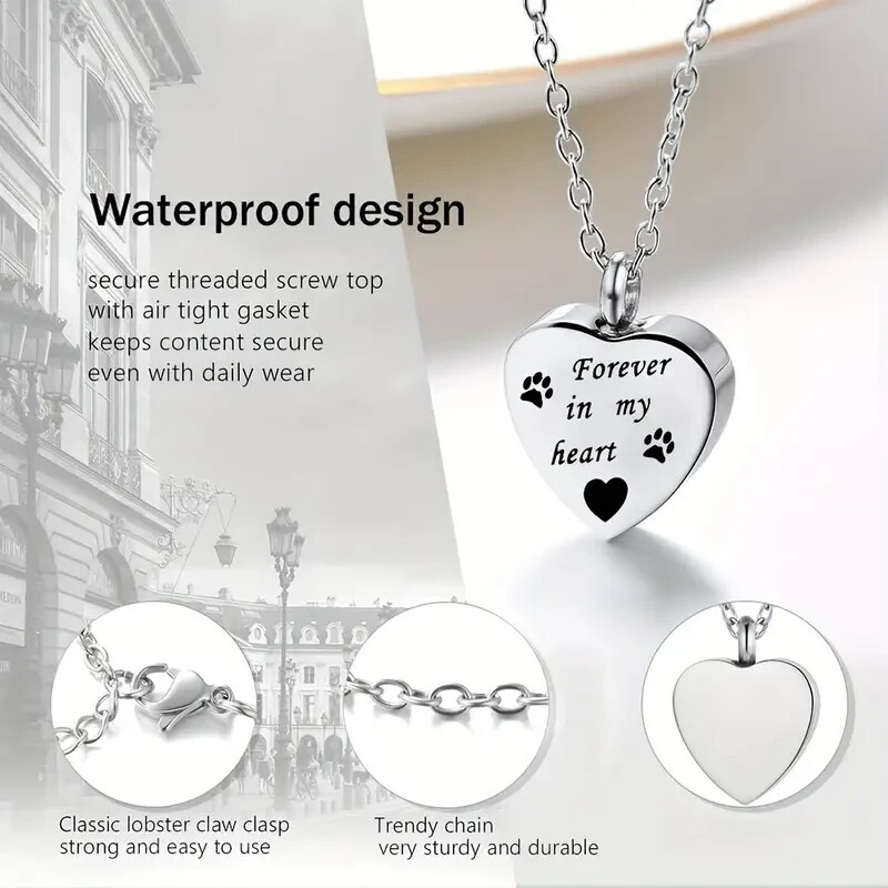 “Paw Print Design” Pet Memorial Necklace – Heart Pendant Urn For Pet Ashes