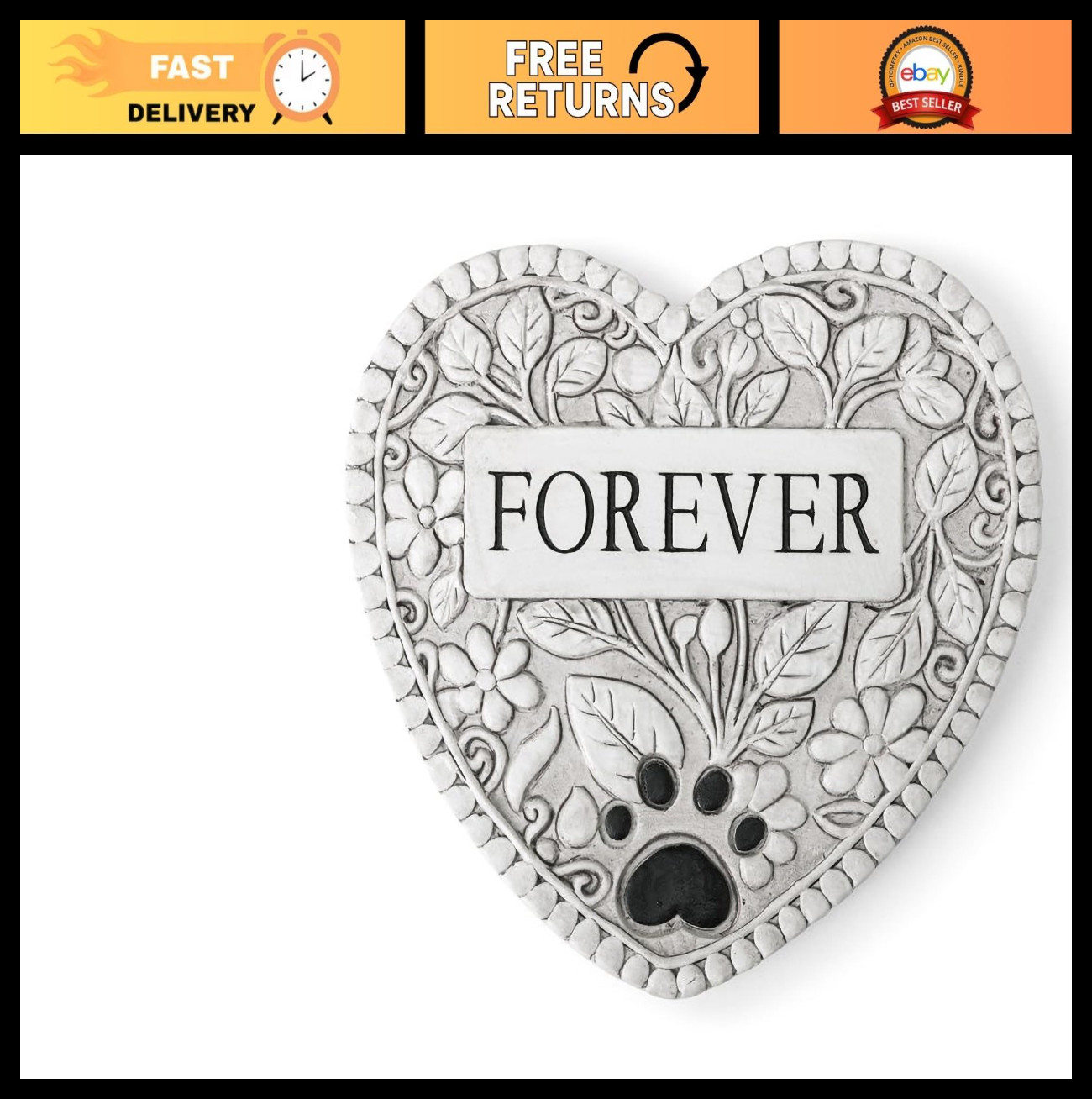 Pet Memorial Heart Stepping Stone – 10″ Cement Garden Tribute with Paw Print Des