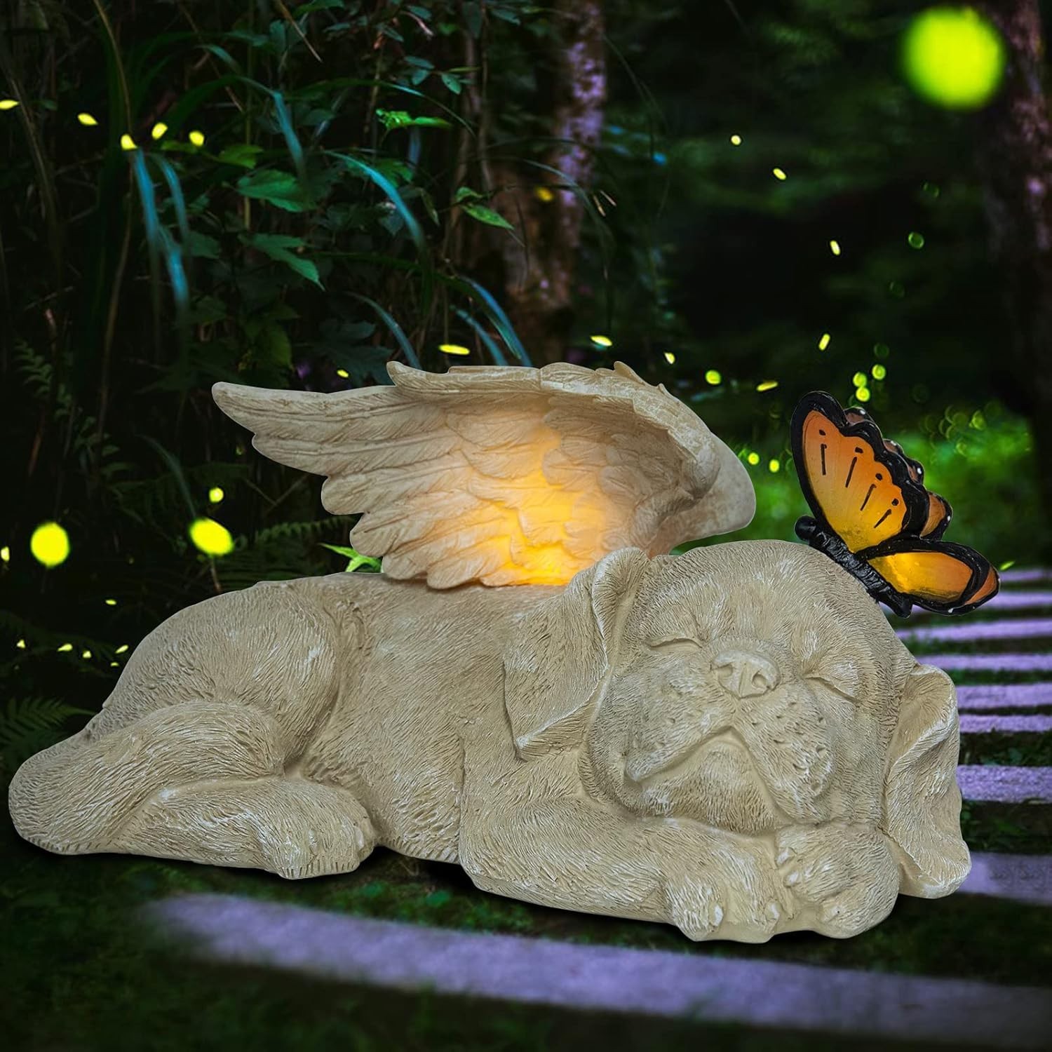 Beautifully Hand-Painted Sleeping Dog Angel Statue with Solar Illumination