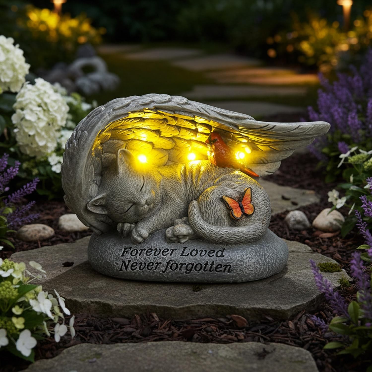 Solar Cat Memorial Stone – 8″ Angel Wing Cardinal Butterfly, Outdoor Pet Loss Gi
