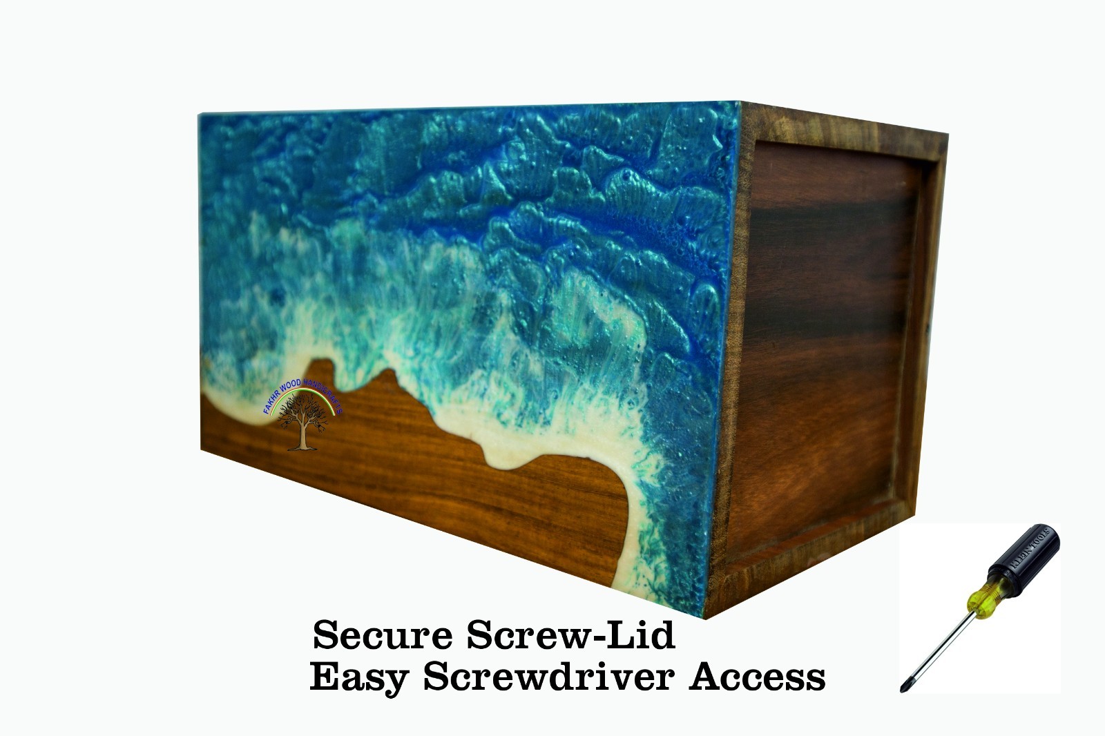 Handcrafted Rosewood Urn with Ocean Blue Epoxy Resin | Wooden Cremation Box