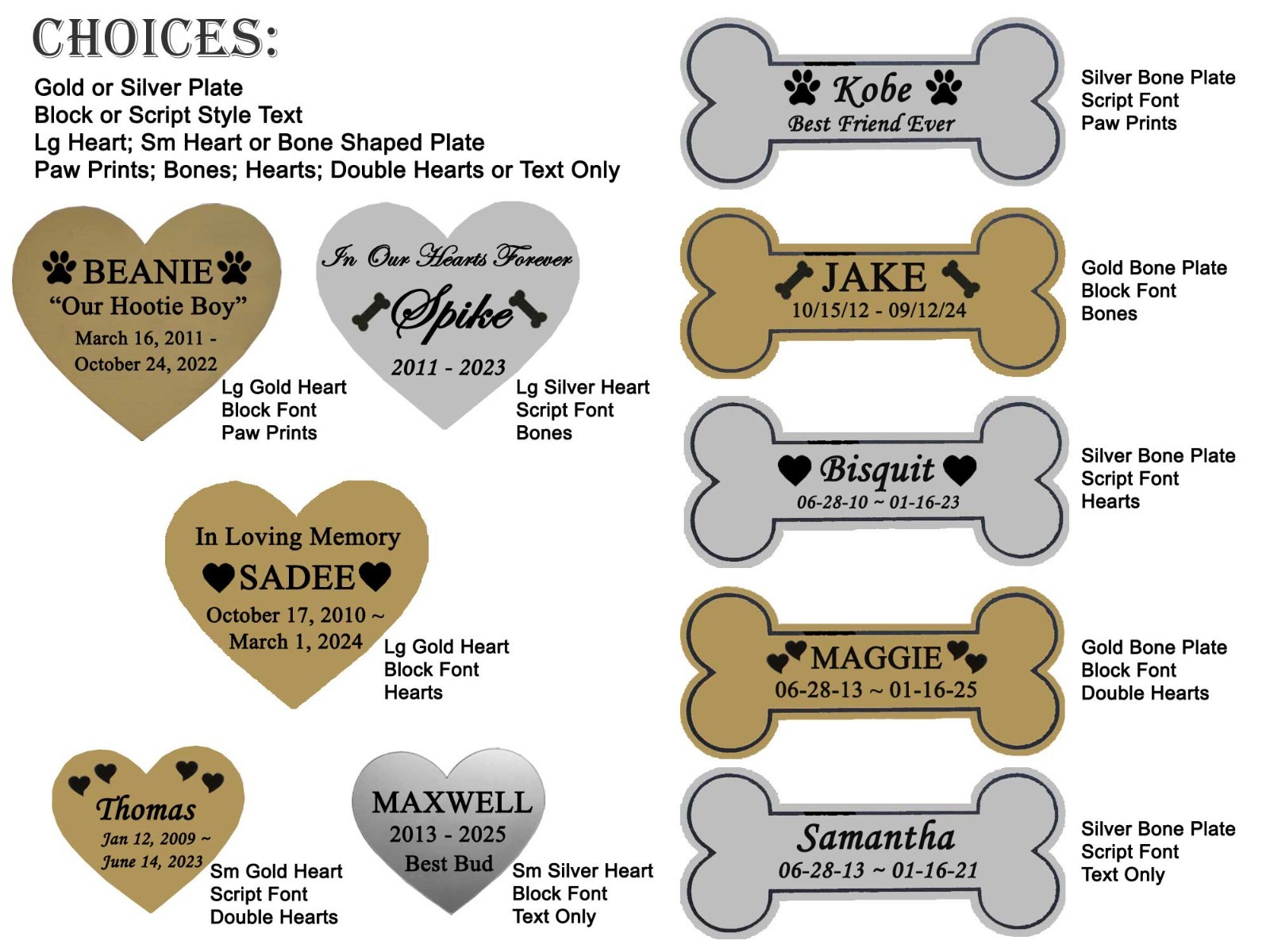 Pet Loss Memorial Engraved Heart or Bone Name Plate Dog Cat Any Pet