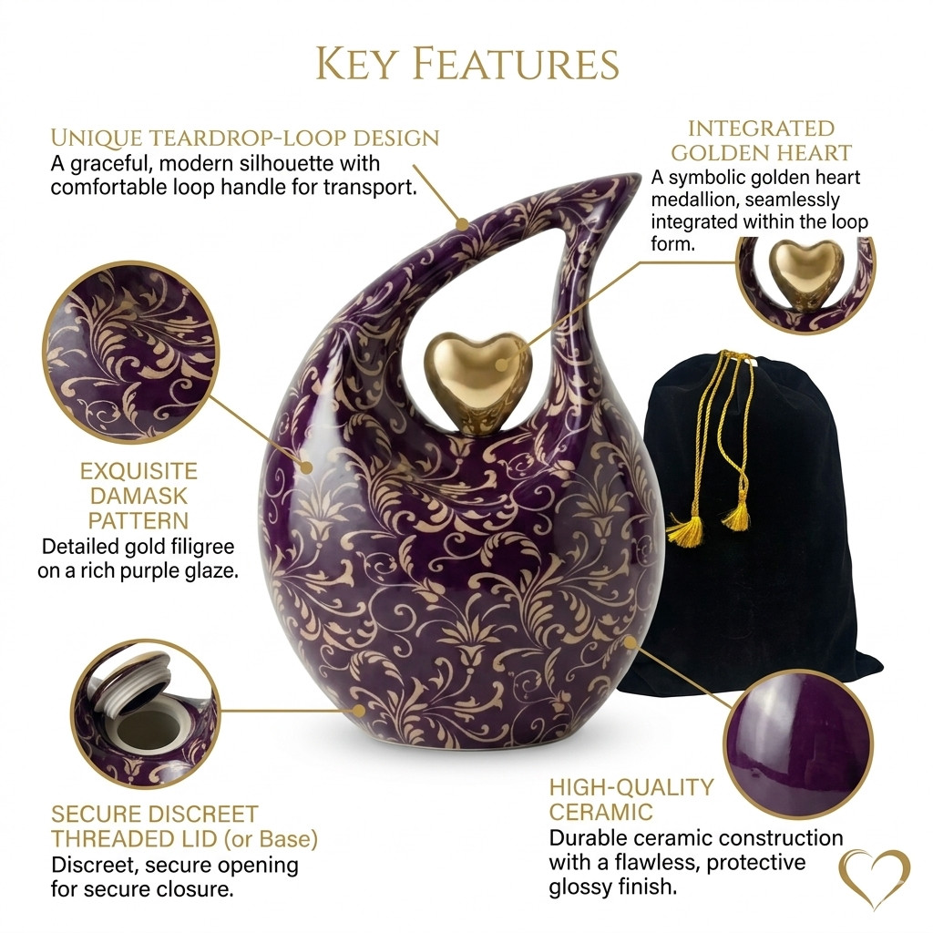 Handcrafted Large Purple Teardrop Cremation Urn for Human Ashes Men & Women