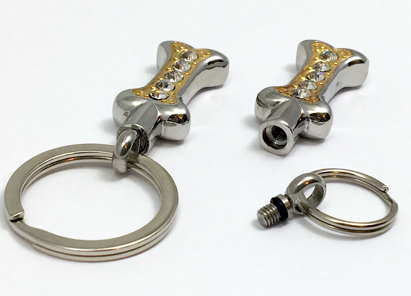 Dog Cremation Pendant Urn Keychain 1″ Key Ring Ash Golden Silver Crystal Bone