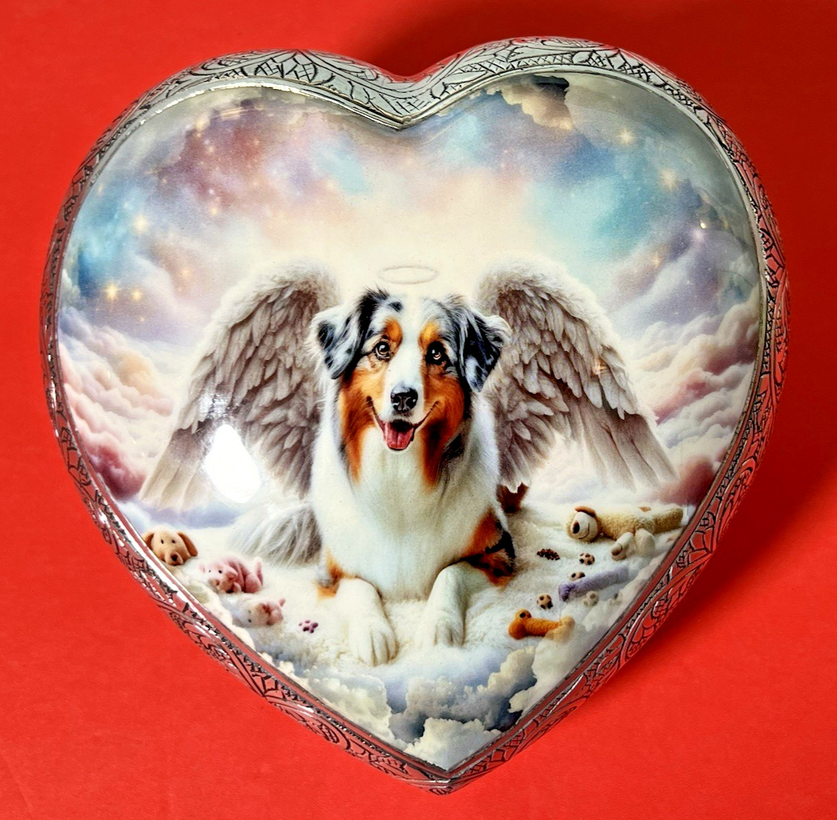 Australian Shepherd Memorial Dog Funeral Urn w/Silver Color Hand Etched Border