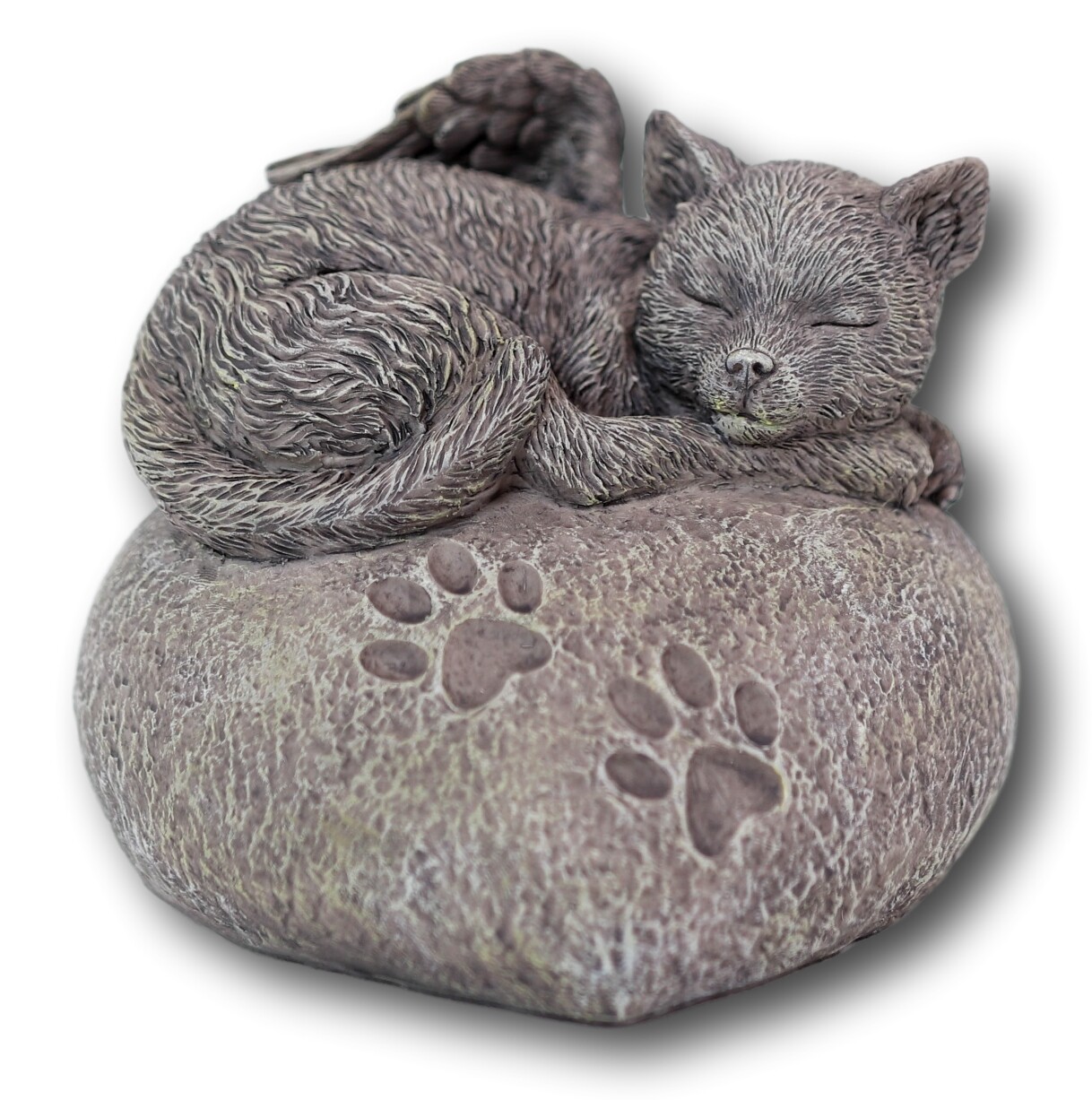 Pet Memorial Sleeping Angel Cat With Paw Prints Heart Shaped Rock Urn Statue