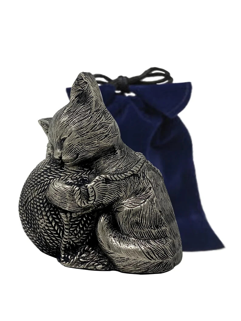 Silver Cat Urn- Precious Cat Urn- Figurine Urn – Kitty with Yarn Ball Urn W/Bag