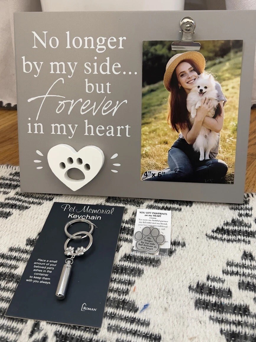 PET MEMORIAL NO LONGER BY MY SIDE BUT FOREVER IN MY HEART FRAME CHARM KEYCHAIN