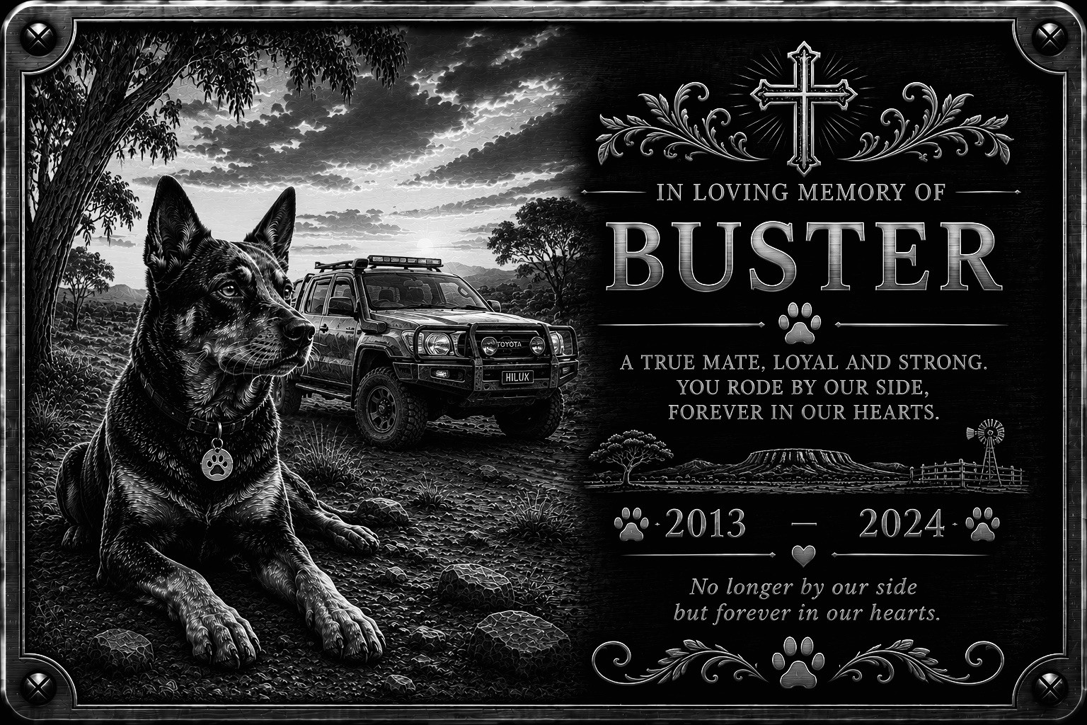 Personalised Pet Memorial Plaque Custom Photo Engraved Aluminium Dog & Ute Hilux