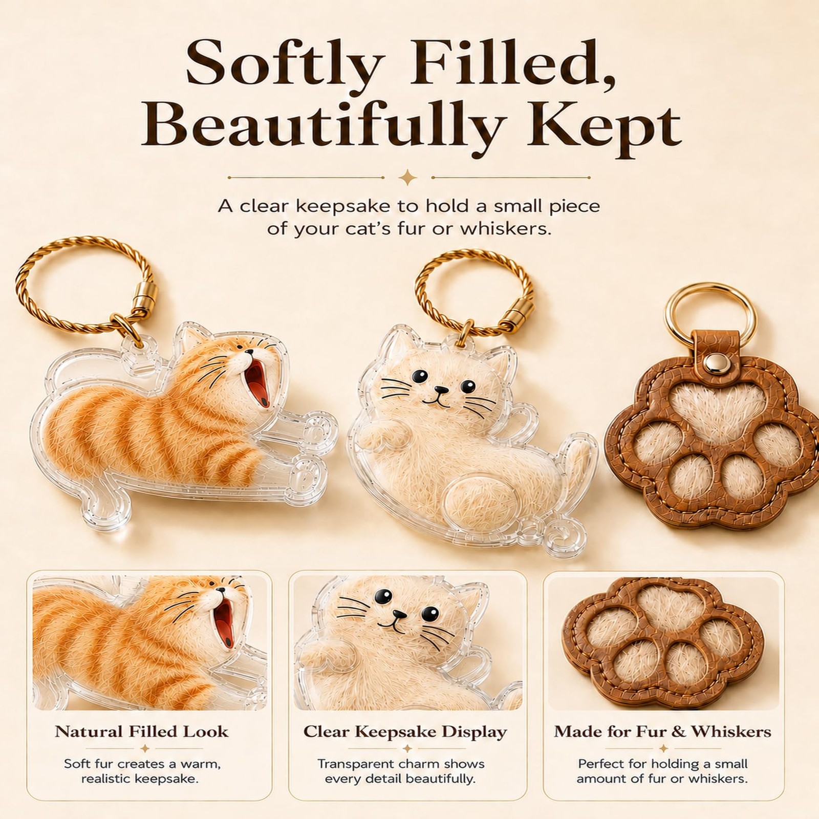Cat Hair Keychain Keepsake Set, 3 Cat Fur Keepsake Charms for Fur/Whiskers wi…