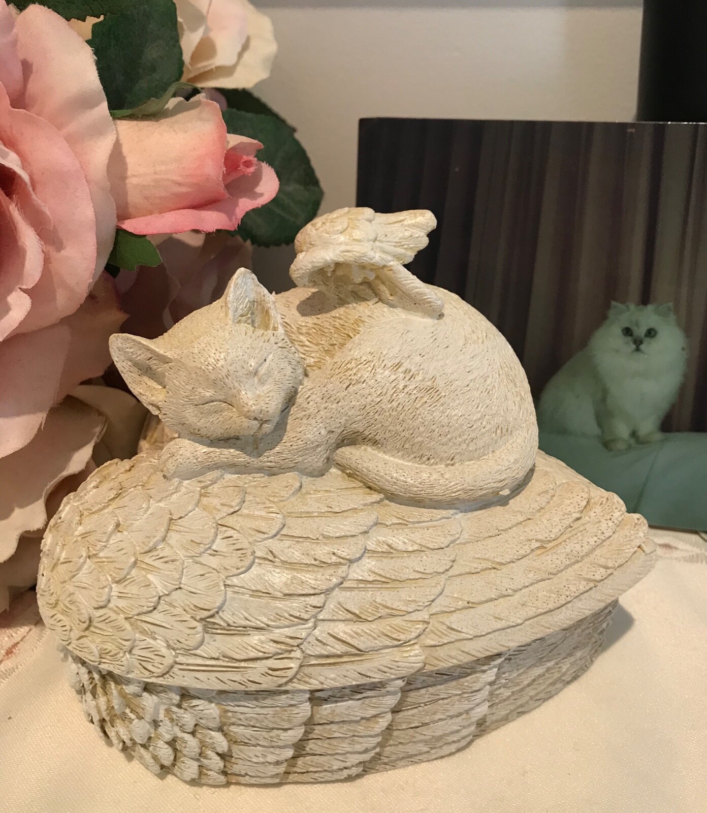 ~❤️PET MEMORIAL Trinket Box Sleeping Angel Dog heart wings Grave Figurine 11cm❤️