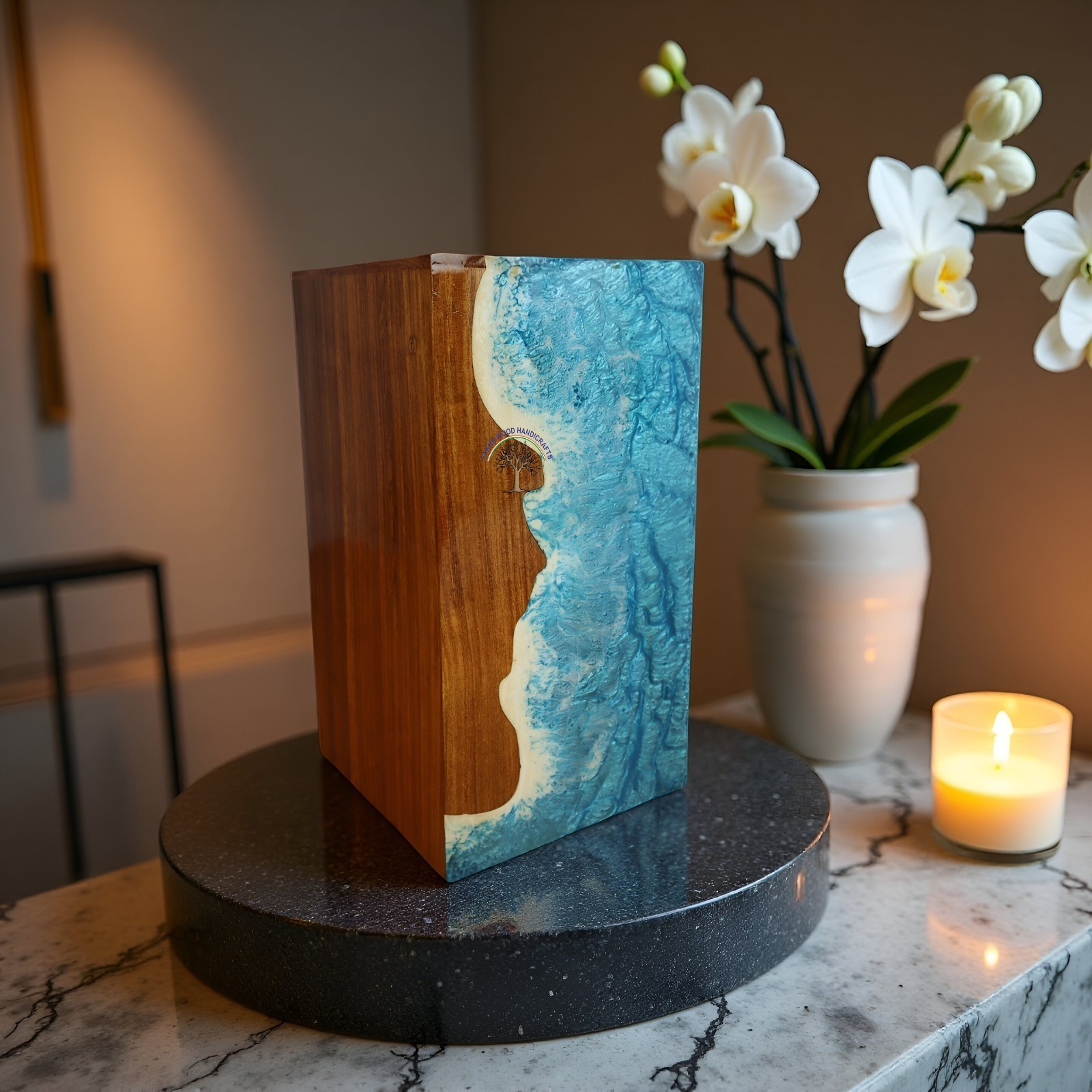 Handcrafted Rosewood Urn with Ocean Blue Epoxy Resin | Wooden Cremation Box