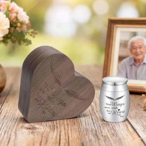 Angel Wing Small Urns for Human Ashes Heart Shaped Wooden Wings(1.57″)