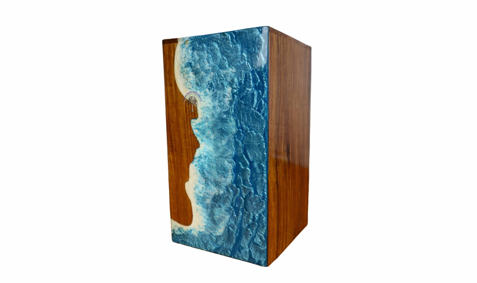 Handcrafted Rosewood Urn with Ocean Blue Epoxy Resin | Wooden Cremation Box