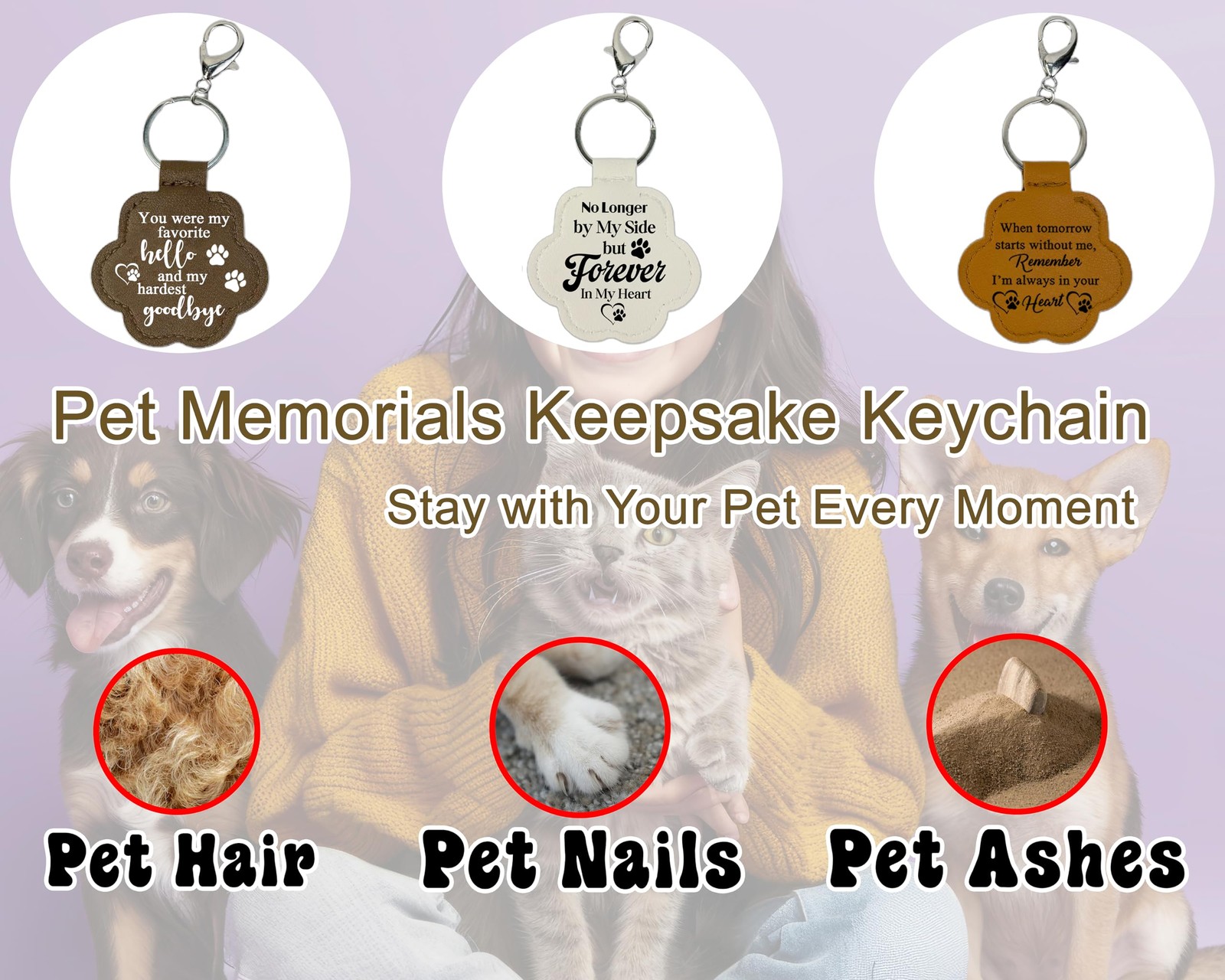 3 Pcs Pet Fur Keepsake Leather Paw Keychain Memorial Gift for Cat Dogs Hair