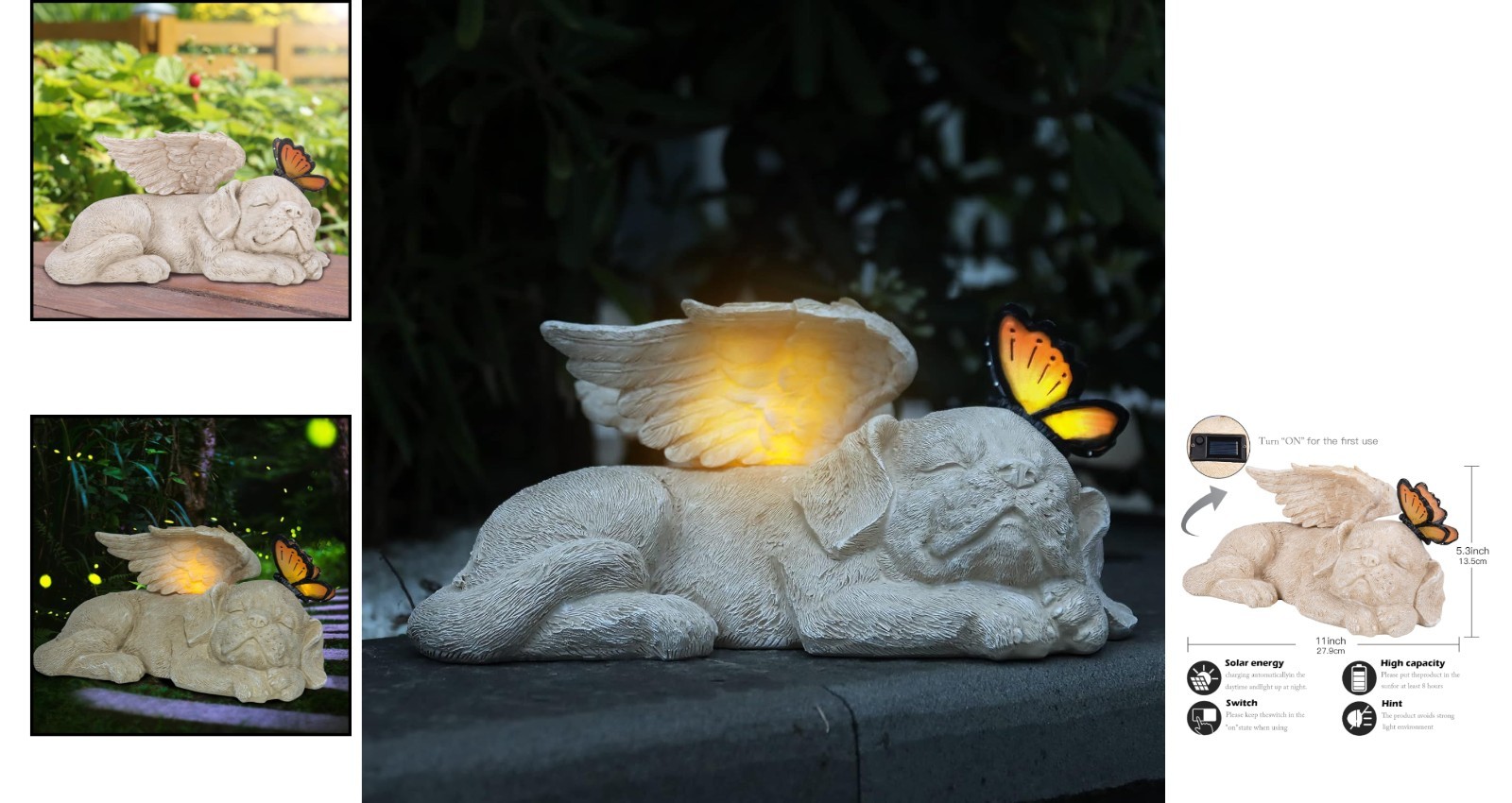 Beautifully Hand-Painted Sleeping Dog Angel Statue with Solar Illumination