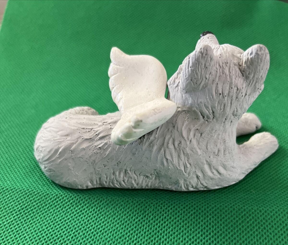 Ceramic Memorial Dog With Angel Wings & Eyes Closed Pet Remembrance Figure Gray