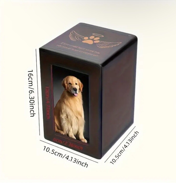 Pet Urn 6″x4″ Photo Dark Brown Keepsake Box Dogs Cats Ashes Memorial Slide Open
