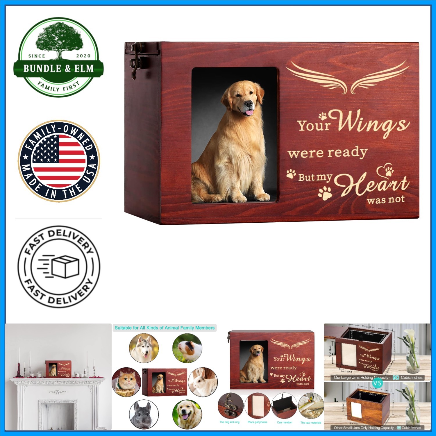 Handcrafted Pine Wood Pet Cremation Urn with Flannel Lining and Photo Display