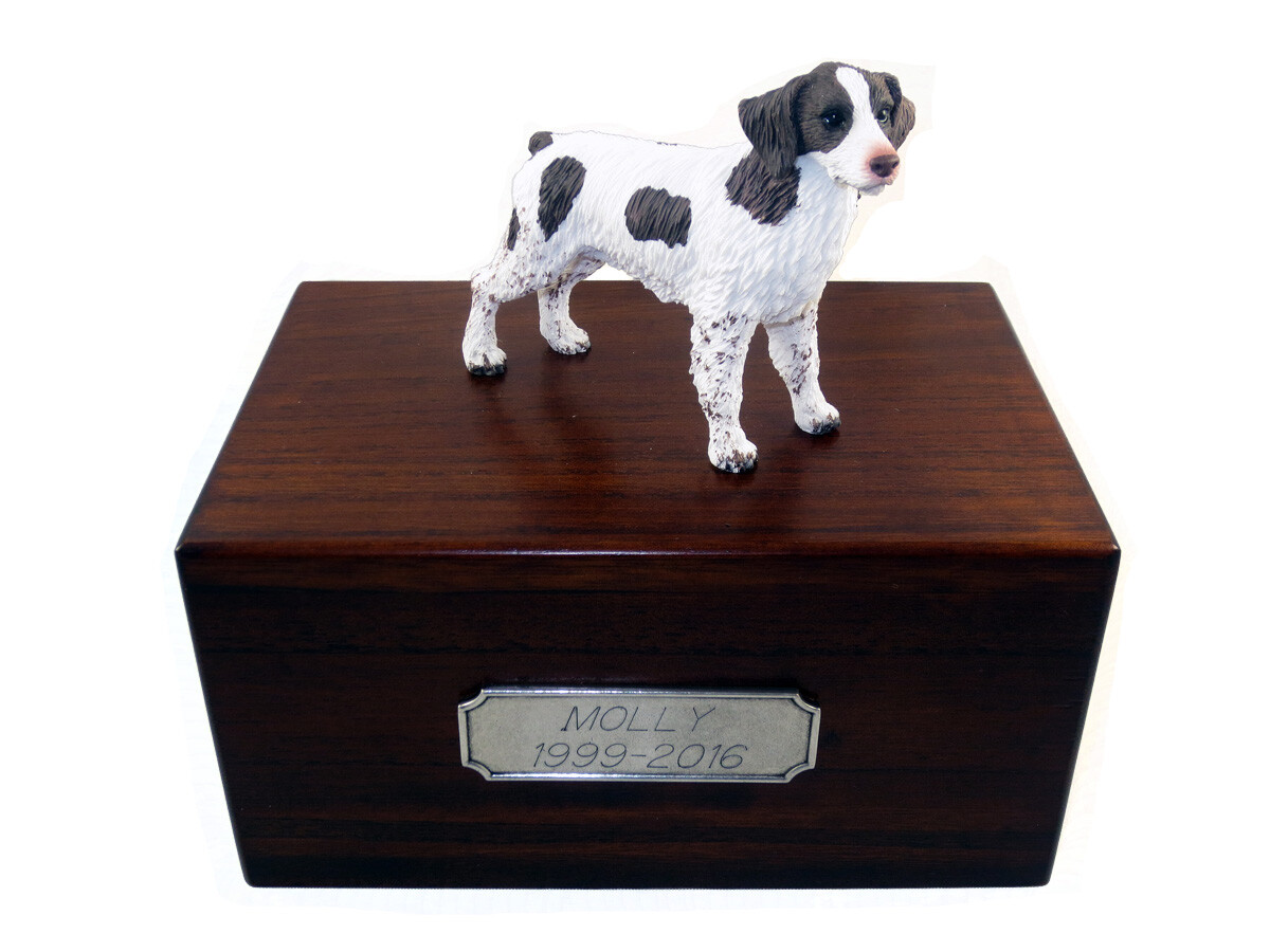 Beautiful Paulownia Wooden Personalized Urn With Liver & White Brittany Figurine