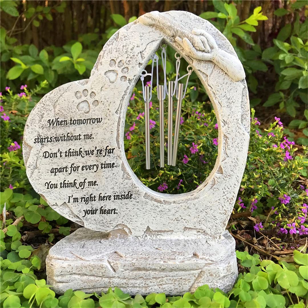 Heart Pet Memorial Stones for Dogs with Wind Chimes, Paw Prints Headstones Gr…