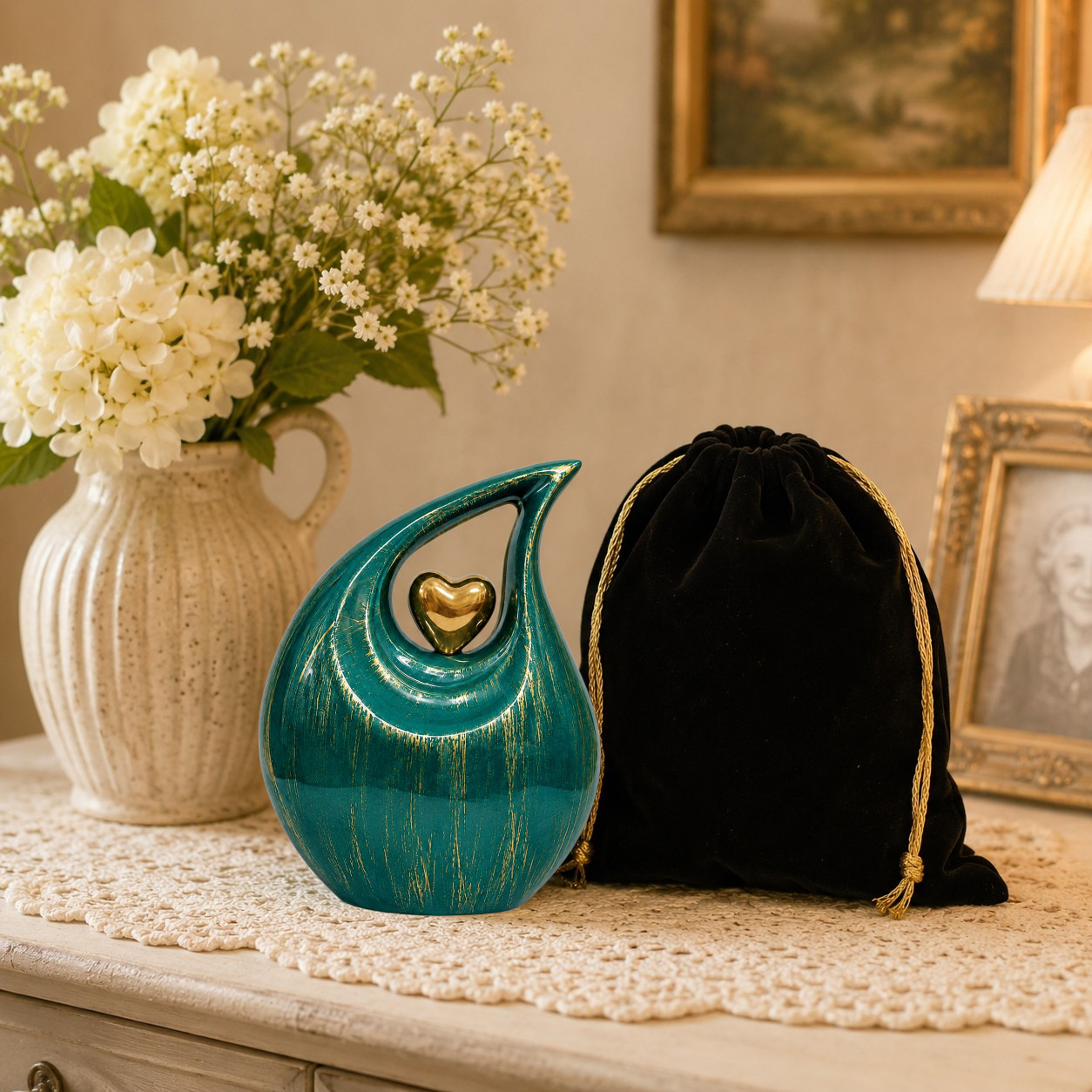 Emerald Green Teardrop Cremation Urn Gold Brush Human Adult Ashes Your Love Ones