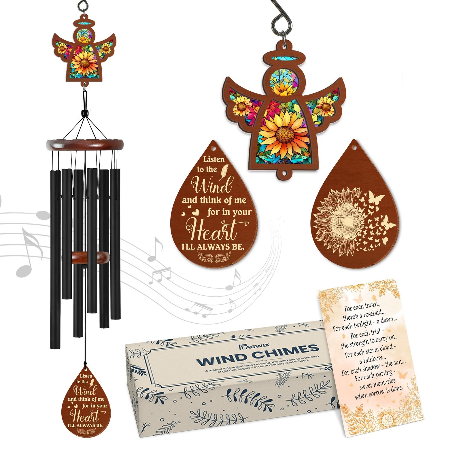 FLAGWIX Sympathy Gifts for Loss of Loved One – Memorial Angel Wind Chimes 32″…