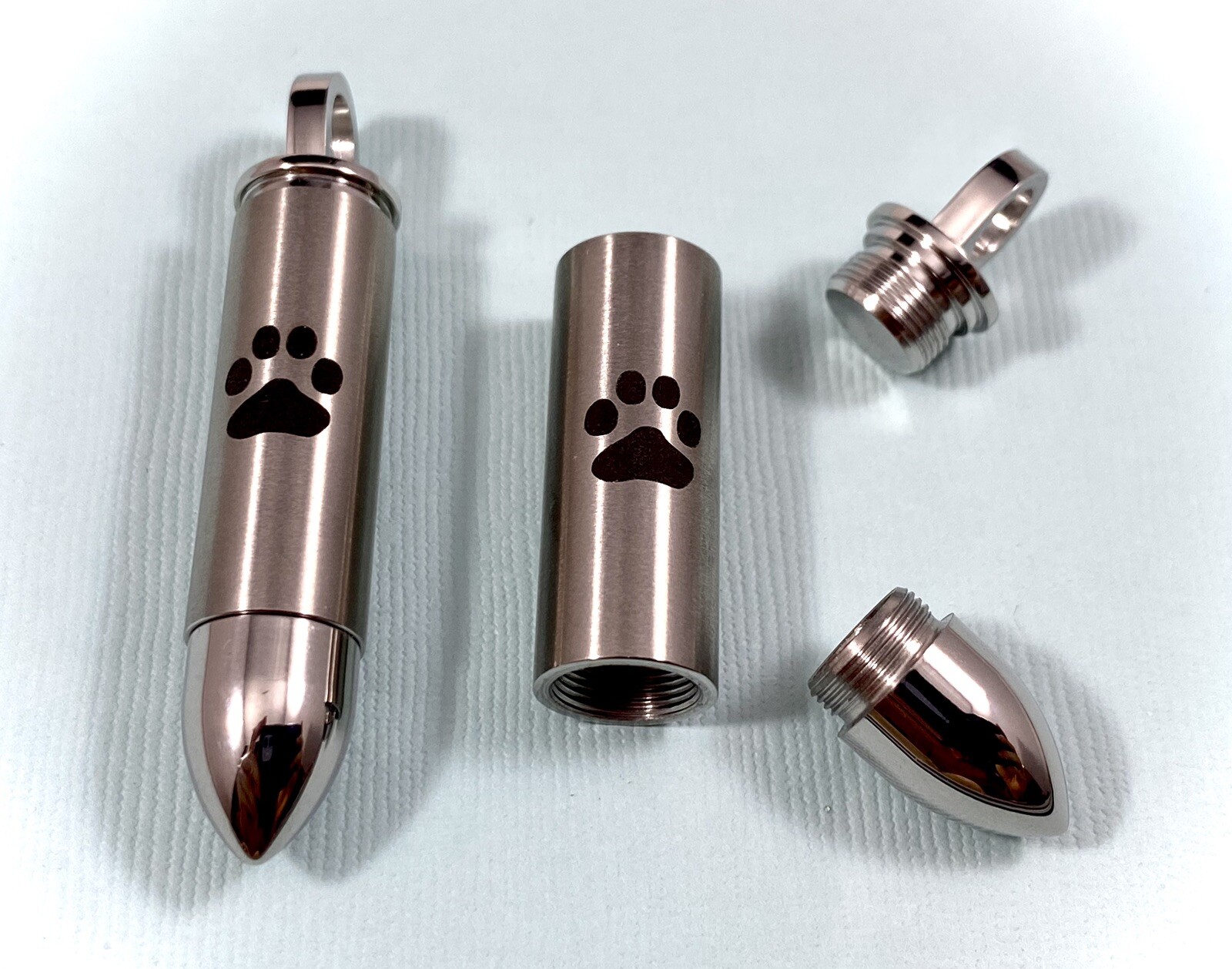 Mens Bullet Cremation Necklace Pendant Urn 4 Ashes LARGE VIAL Pet Paw Print Dog