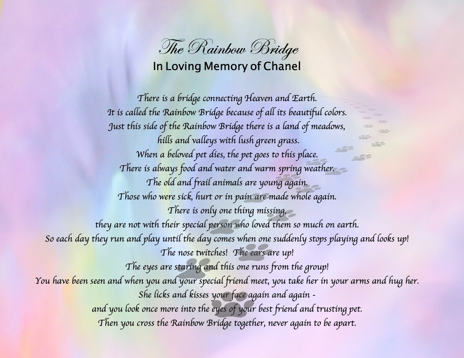 Pet Memorial Poem RAINBOW BRIDGE Personalized UNFRAMED Art Print Gift Dog, Cat