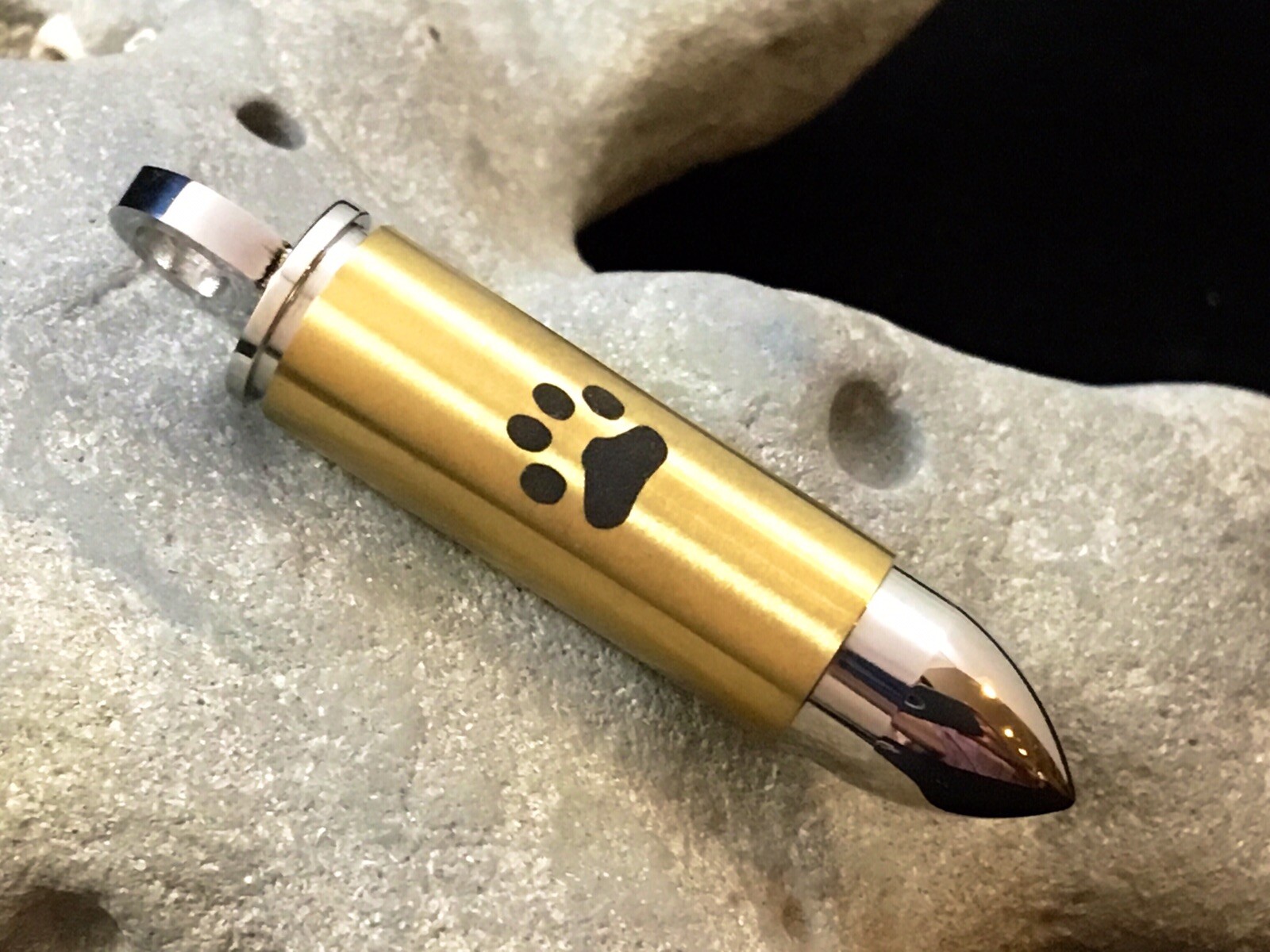 Mens Bullet Cremation Necklace Pendant Urn 4 Ashes LARGE VIAL Pet Paw Print Dog