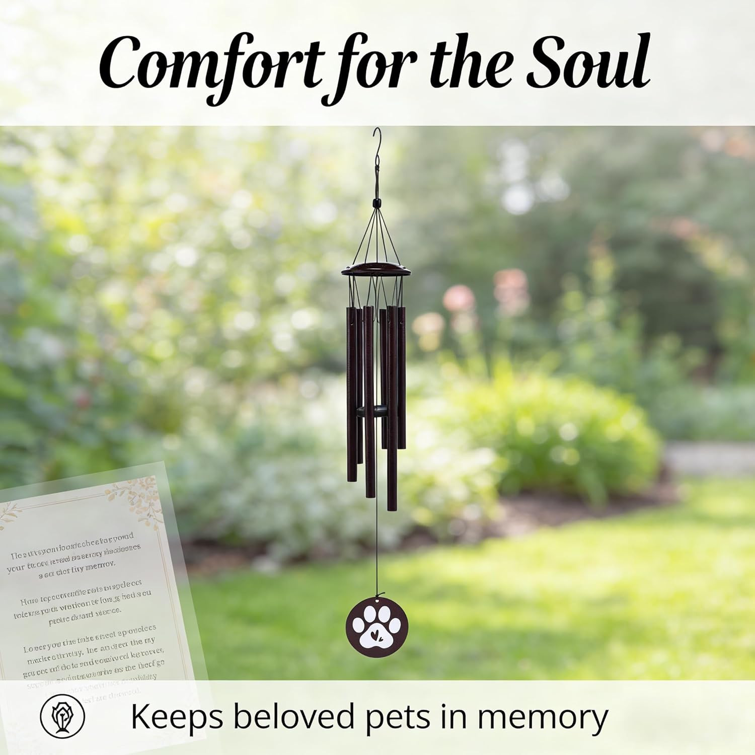 Premium Metal Pet Memorial Wind Chime with Paw Print, Black, for Dog Cat Remembr
