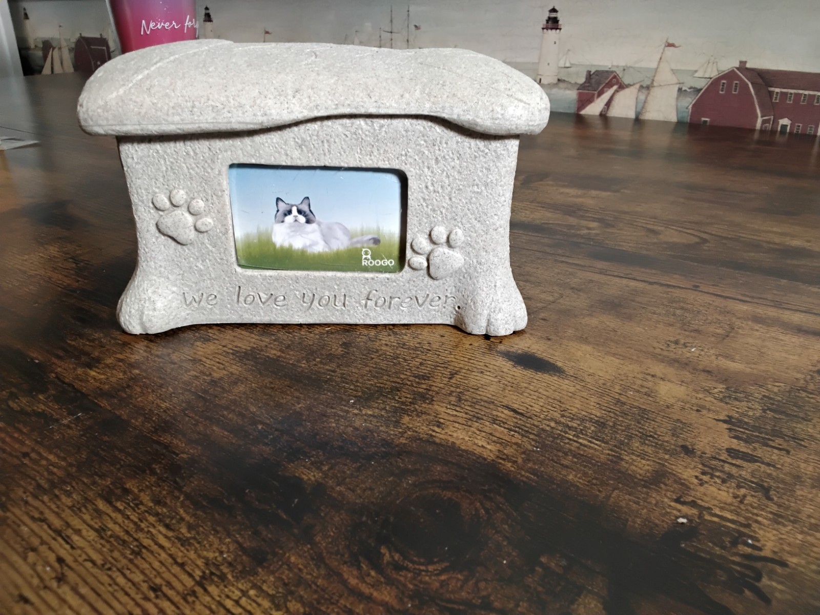 Cat Urn with Photo Frame, Pet Urns for Cats, with Foot Prints and Fish Cover Pat