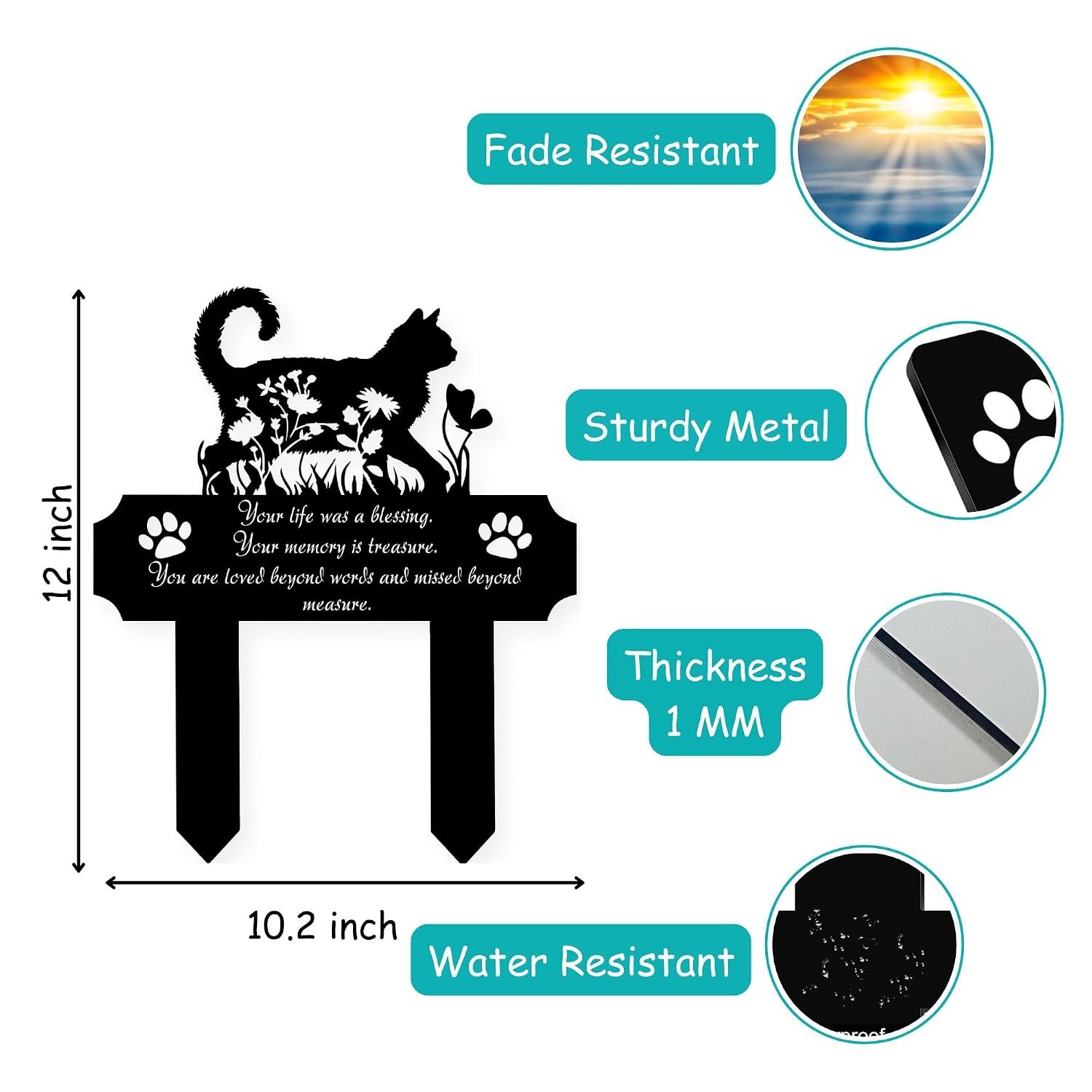 Cat Grave Marker 12in Metal Outdoor Pet Memorial Plaque Garden Cemetery Marker