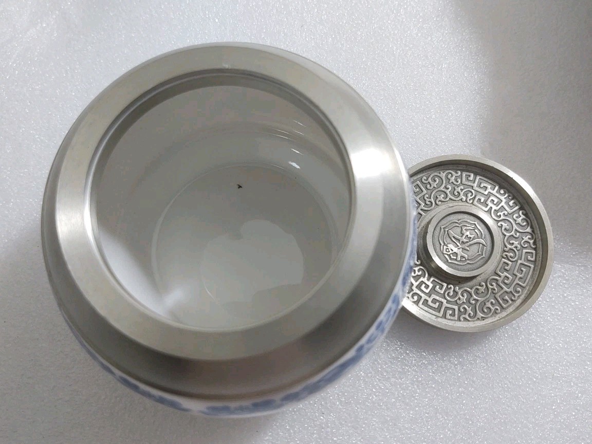 Chinese Alluminum & Ceramic Funeral URN With Lid For Pet Ashes 4″ X 3.5″