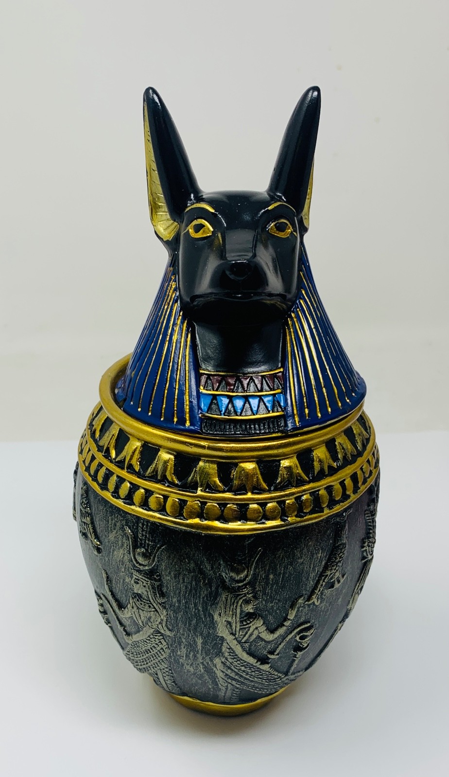 Egyptian Jar 9″ Dark Blue Anubis Memorial Pet Dog Urn Quality Resin–Chip Damage